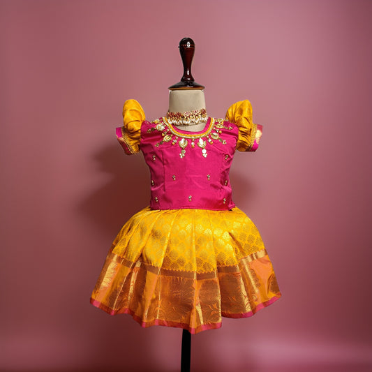 Pink & Yellow Pattu Pavada