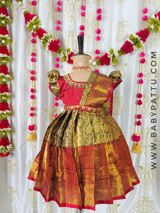 Maroon and Green Shade Princess Frock with Detachable Dupatta