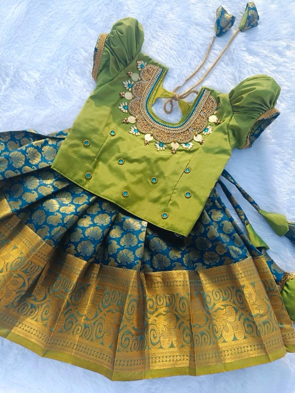 Mehandhi Green Top & Peacock Blue Bottom Pattu pavada