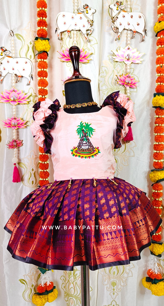 Pongal 2024 / Makara Sankranthi 2024 || Hand Painted PEACH TOP AND WINE BOTTOM PATTU PAVADA