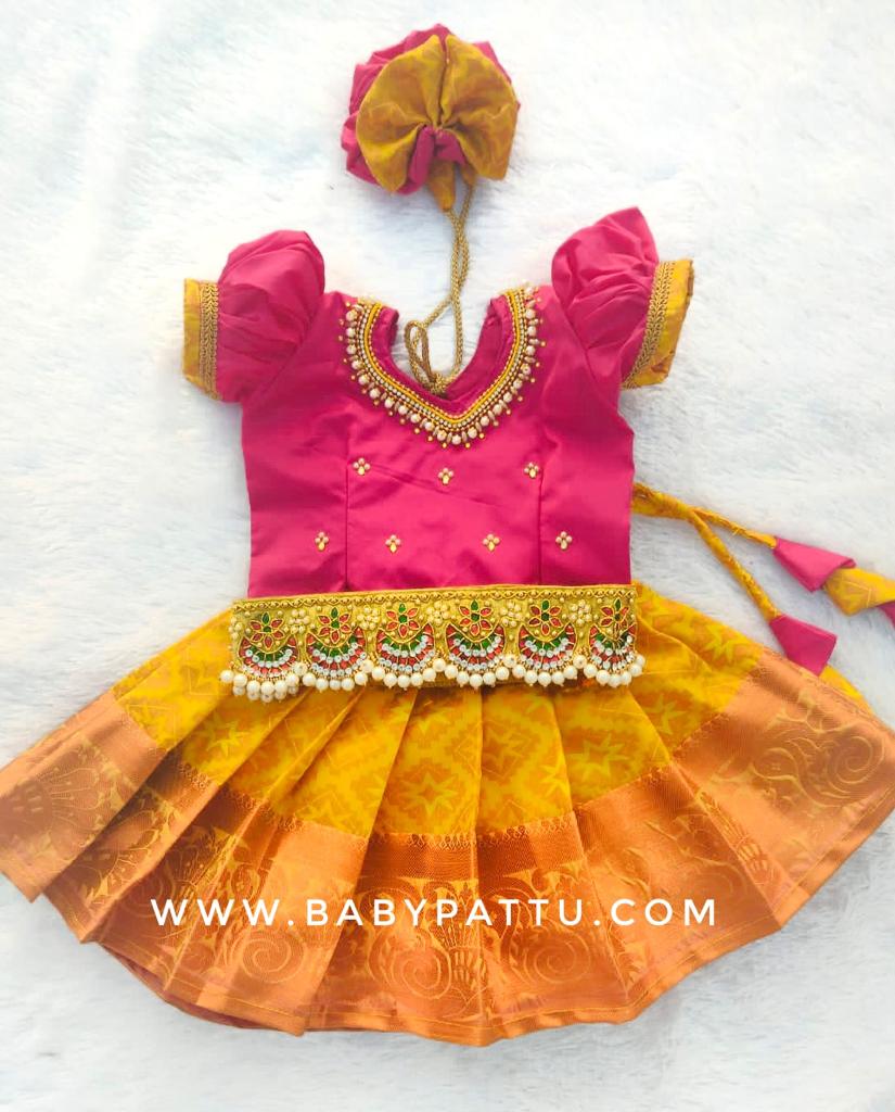 Pink & Yellow Pattu Pavada