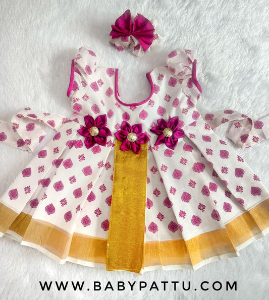 White & Pink Kerala Cotton Frock