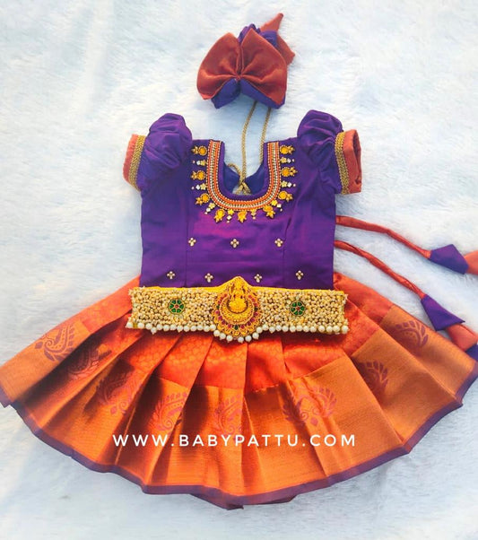 Purple & orange Pattu Pavada