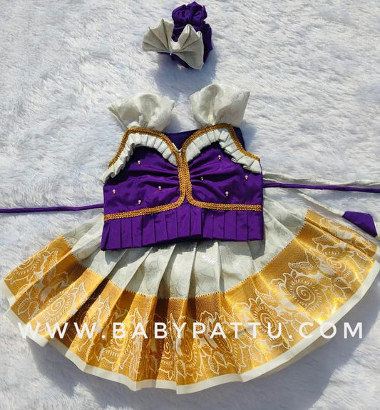 Purple & White Pattu Pavada