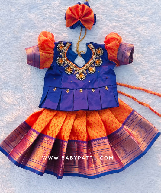 Purple & Orange Kora Muslin Pattu Pavada