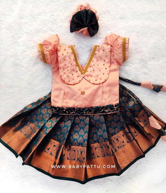 Peach & Peacock Blue pattu Pavada