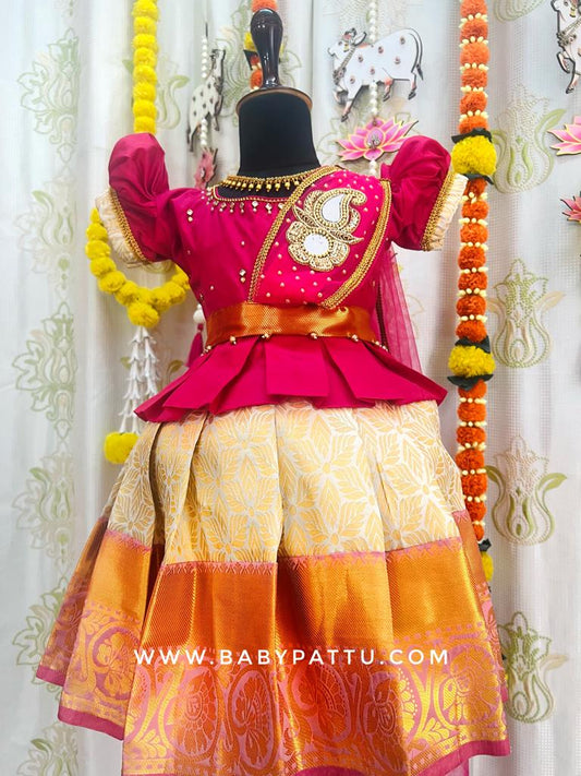 Pink & Halfwhite Halfsaree Model Pattu Pavada