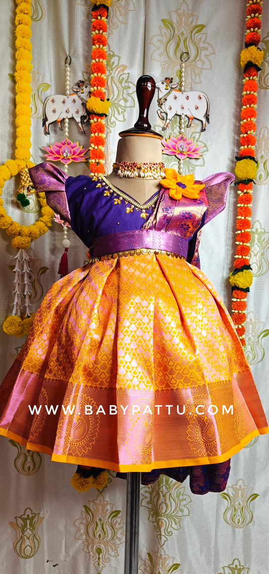 Purple & Yellow Half Saree Model Frock