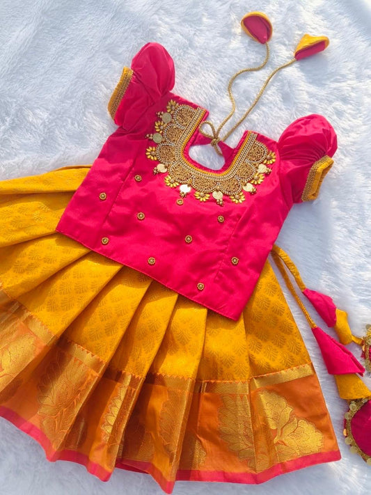 Rani Pink Top & Yellow Bottom Pattu Pavada