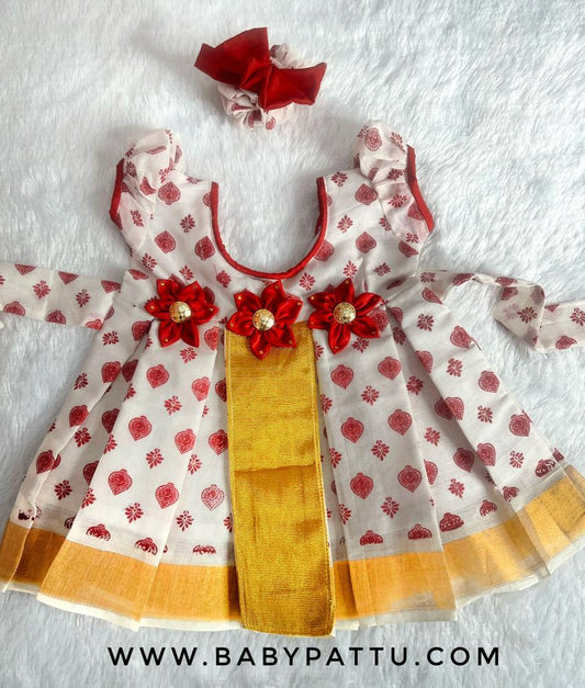 White & Red Kerala Cotton Frock