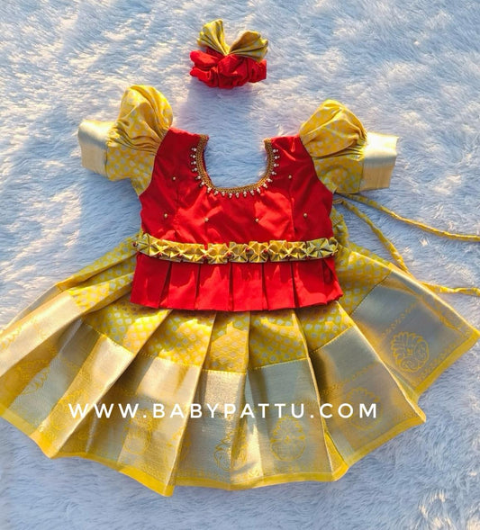 Red & Lemon Yellow Pattu Pavada