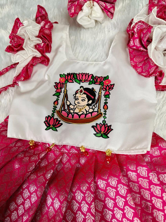 Cradle / Barasala Uyyala Function / Kuan Poojan Or Thottil , Ceremony Beautiful // WHITE & PINK PATTU PAVADA //