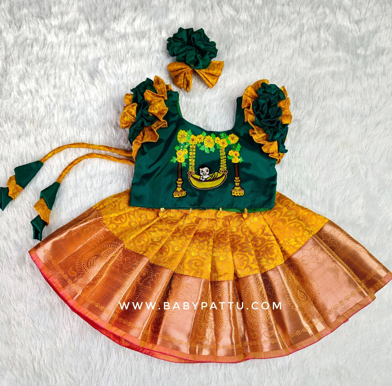 Cradle / Barasala uyyala Function / Kuan Poojan Or Thottil , Ceremony Beautiful // GREEN & YELLOW PATTU PAVADA //