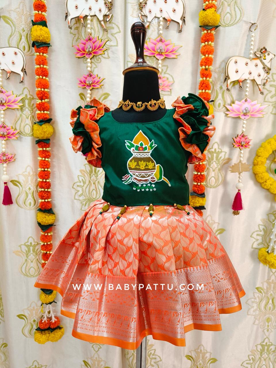 Beautiful Hand Painted GREEN & ORANGE  Pattu Pavada || Ugadi , Puthandu , Collections ||