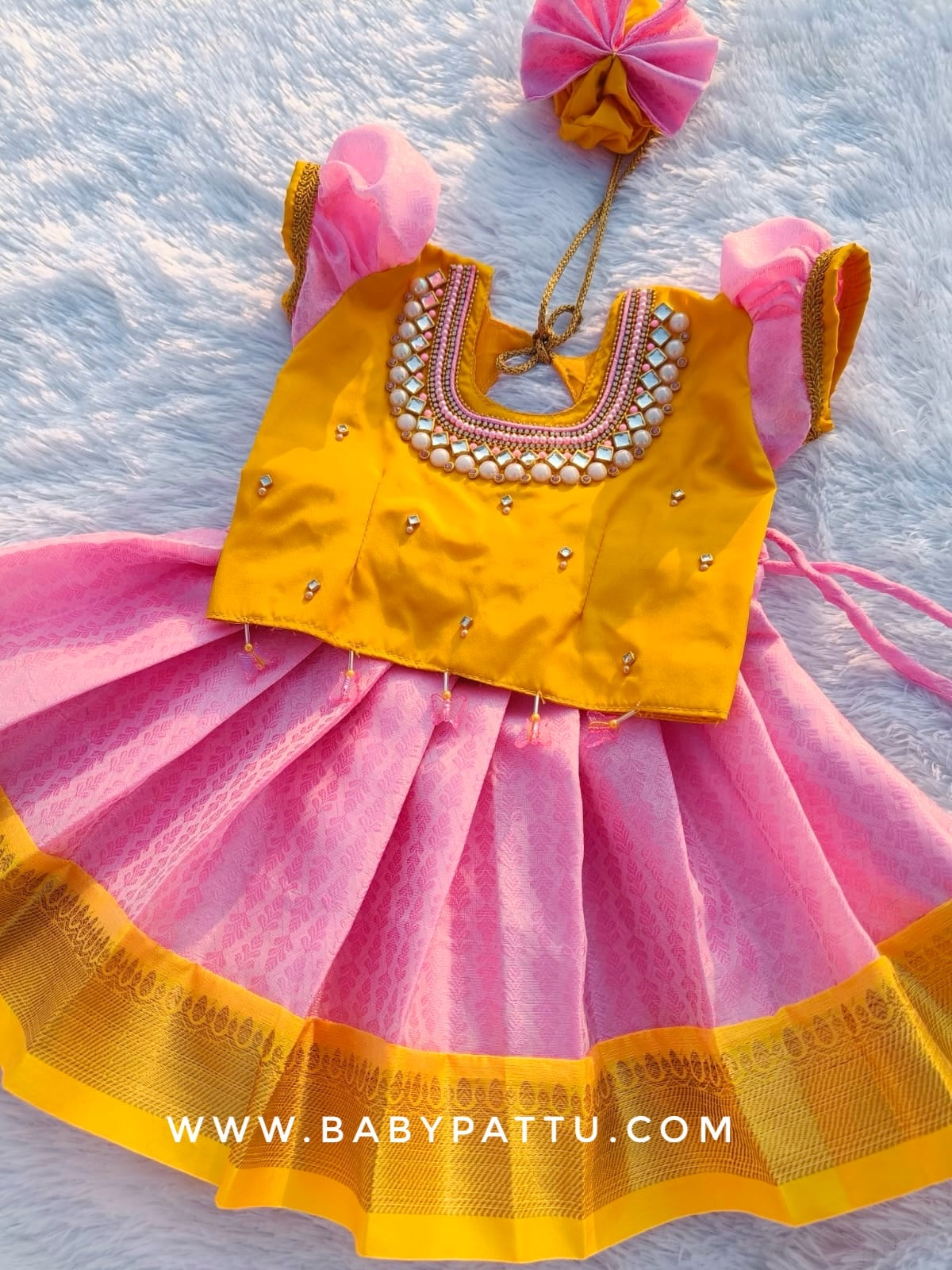 Yellow and BabyPink Kora Muslin Pattu Pavada