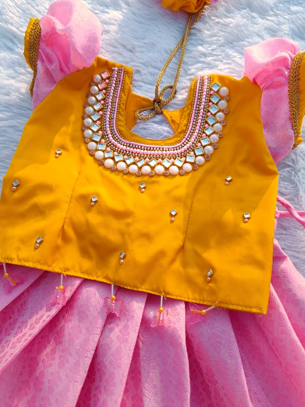 Yellow and BabyPink Kora Muslin Pattu Pavada