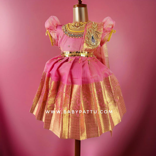 Baby Pink Tissue Silk Princess Frock with Detachable Dupatta