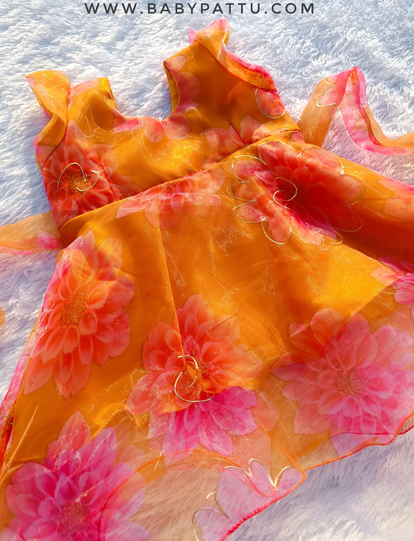 Orange With Pink Floral Organza Frock