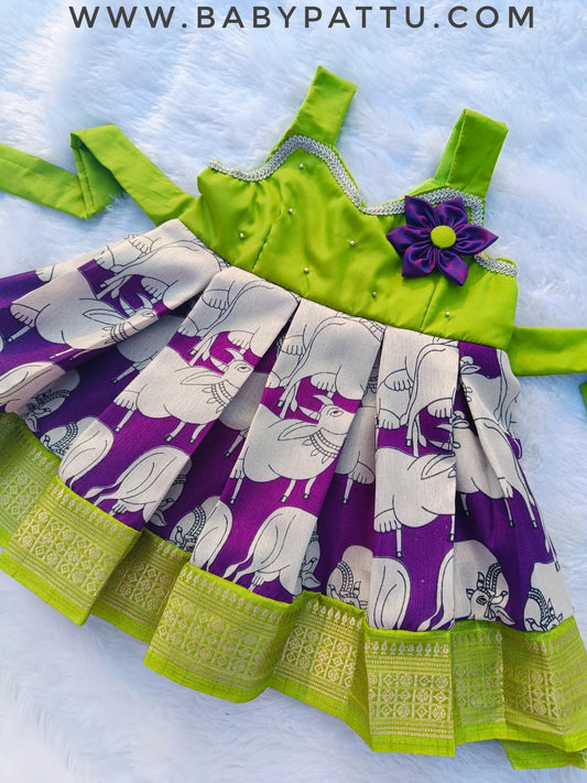 Parrot Green And Purple Frock