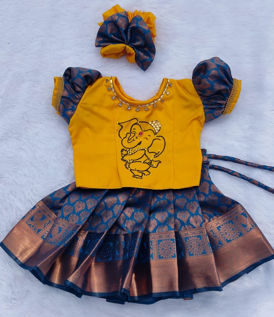 Yellow & Peacock Blue Pattu Pavada