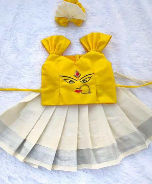 YELLOW TOP AND KERALA KASUVU COTTON PATTU PAVADA