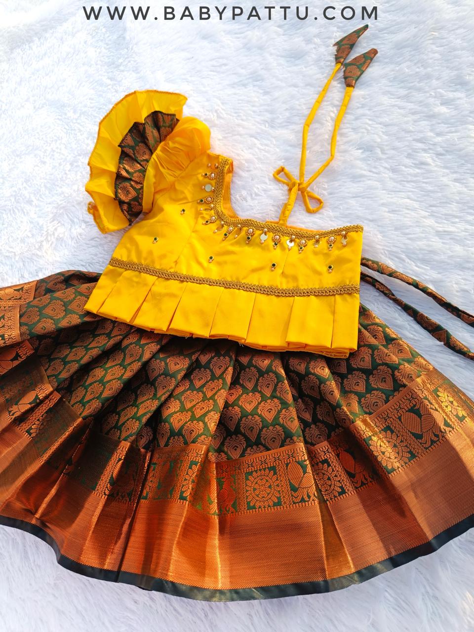 Yellow & Green Single Hands Pattu Pavada