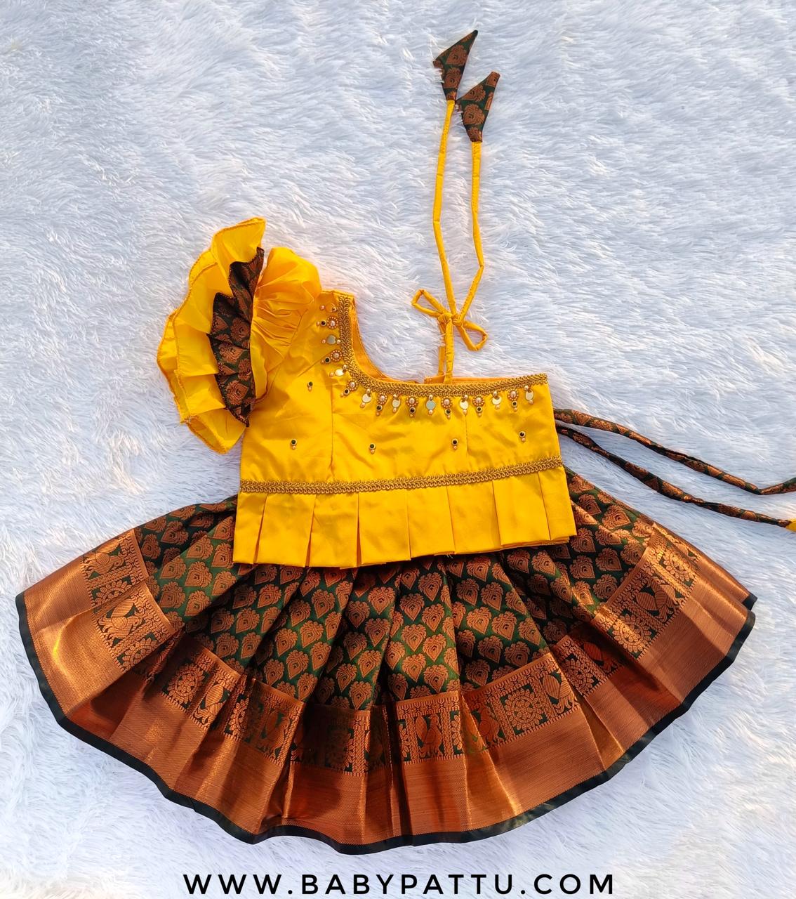 Yellow & Green Single Hands Pattu Pavada