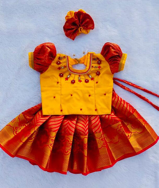 Yellow & Red Pattu Pavada