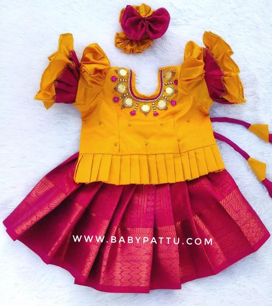 Yellow & Rani Pink Pattu Pavada