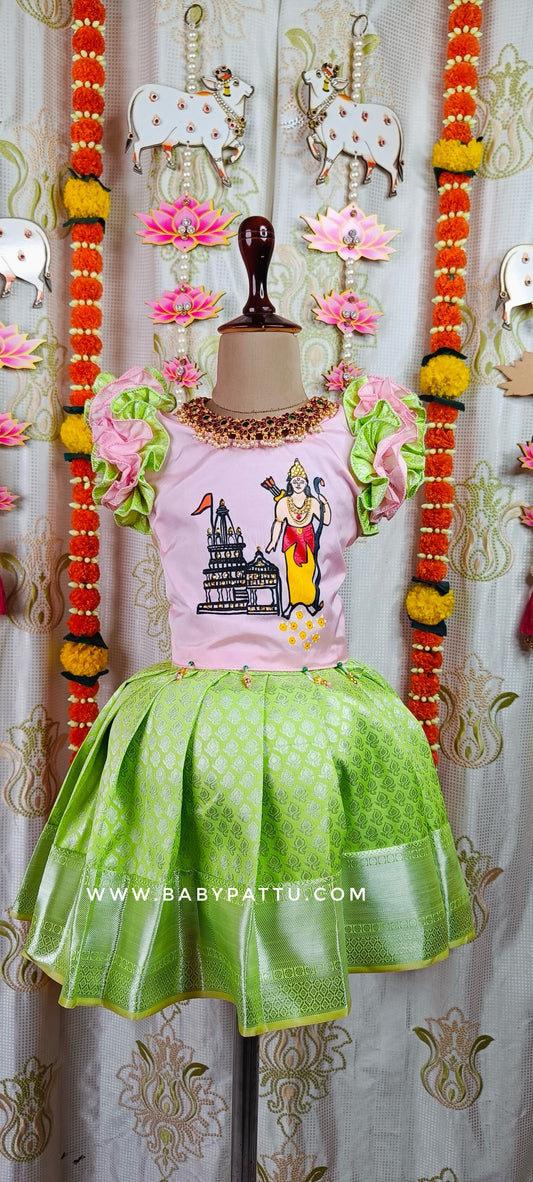 🚩AYODHYA AND JAI SHREE RAM🚩 || HAND PAINT BABY PINK & MINT NEON GREEN PATTU PAVADA