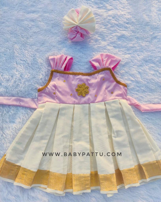 Baby Pink & White Kasuvu Cotton Frock