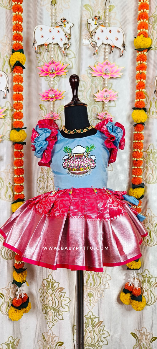 Pongal 2024 / Makara Sankranthi 2024 || Hand Painted BLUE TOP AND PINKISH RED BOTTOM PATTU PAVADA