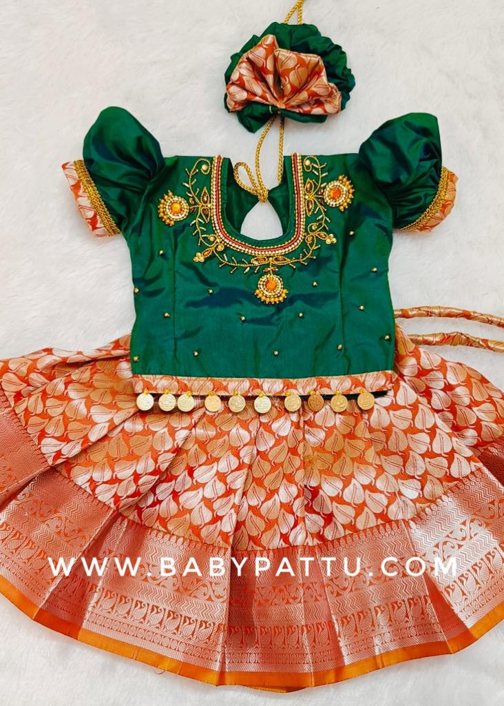 Green & Orange Pattu Pavada