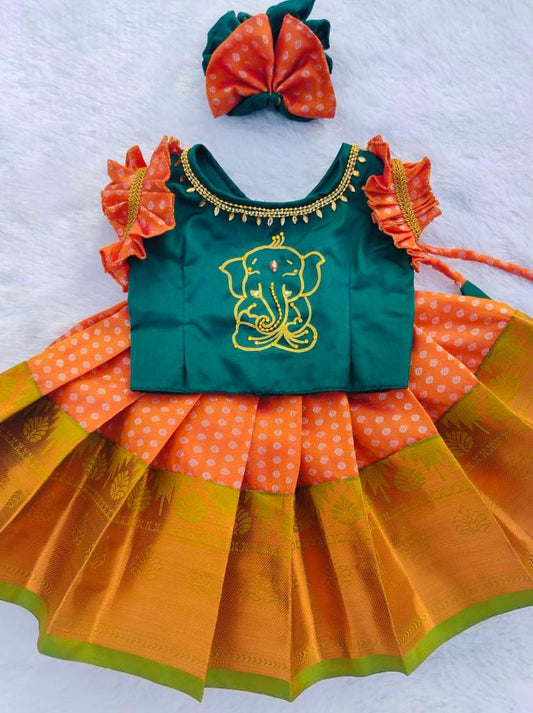 Green & Orange Pattu Pavada