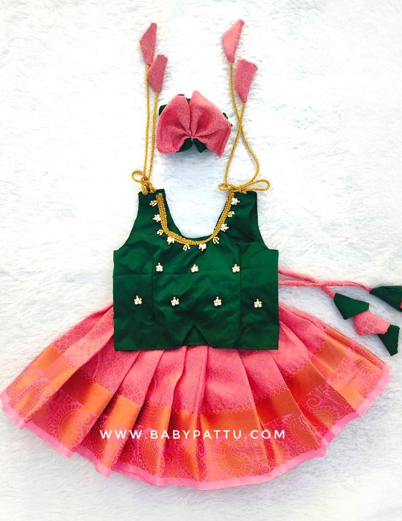 Green & Pink Pattu Pavada