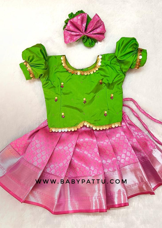 Green & Pink Pattu  Pavada