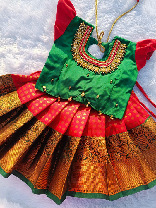 Green Top & Red Bottom Pattu Pavada