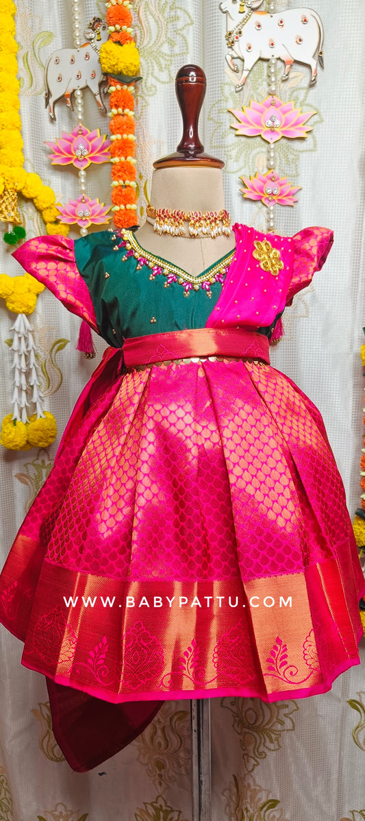 GREEN AND RANI PINK HALF SAREE MODEL FROCK