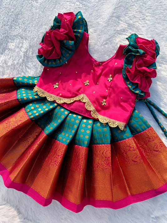 Pink & Rama Green Pattu pavada