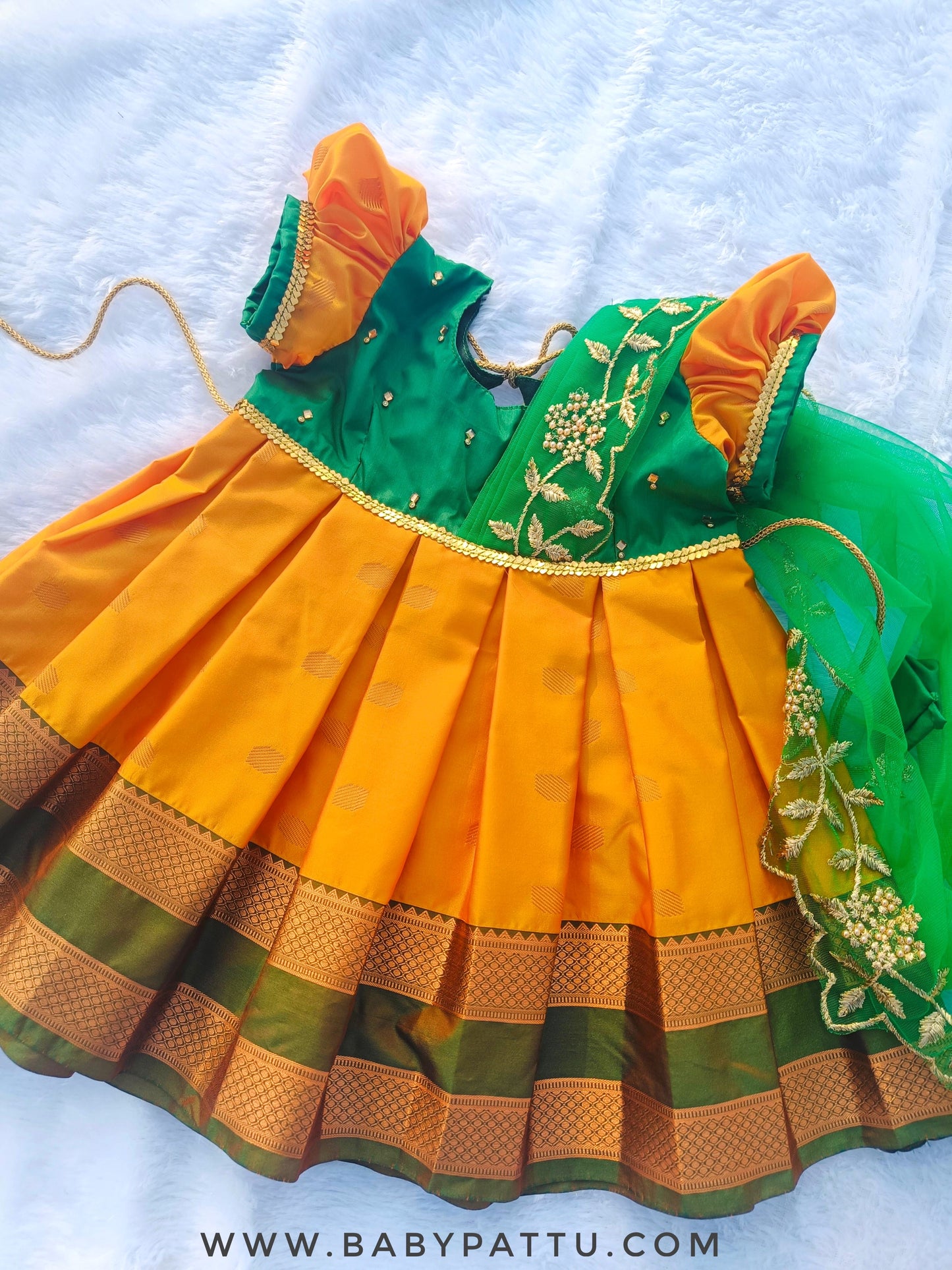 Green & Mango Yellow Frock with Attached Dupatta Pongal Collection