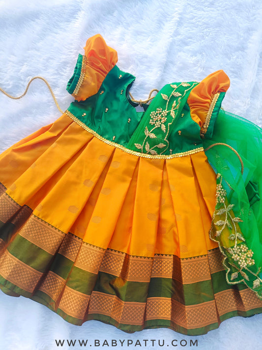 Green & Mango Yellow Frock with Attached Dupatta Pongal Collection