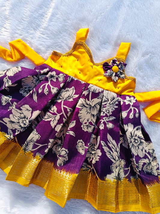 Yellow & Purple Dola Silk Frock