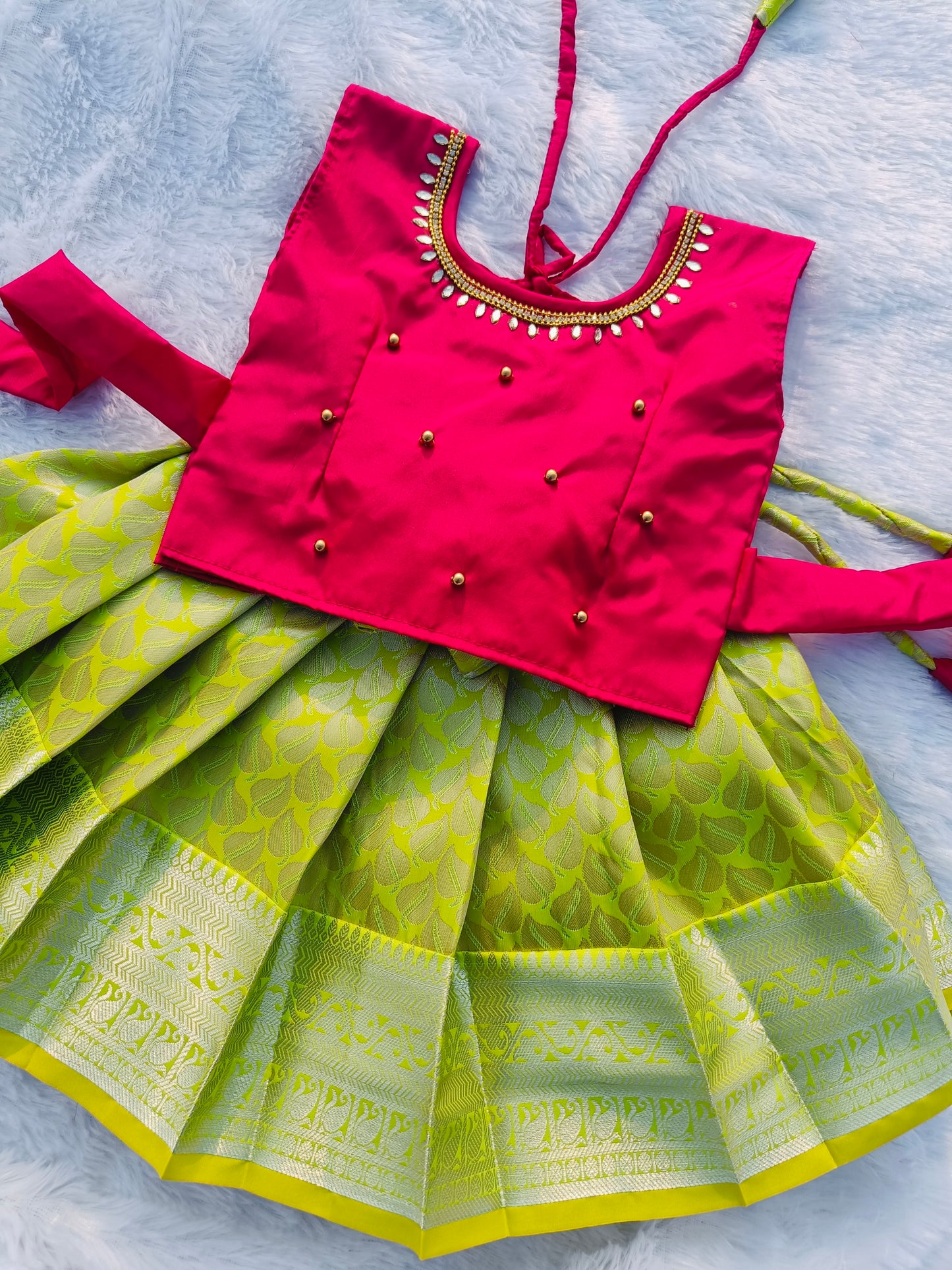 Rani pink Top & Neon Green Pattu Pavada