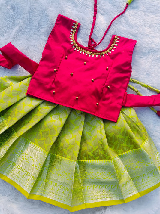 Rani pink Top & Neon Green Pattu Pavada