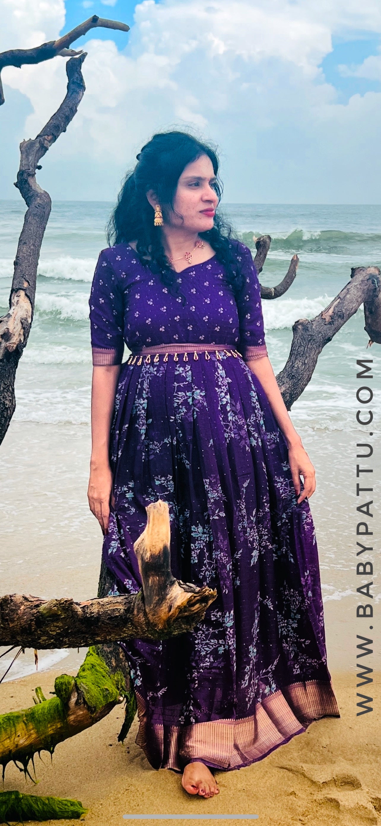 Purple Colour Long Frock With Hipbelt