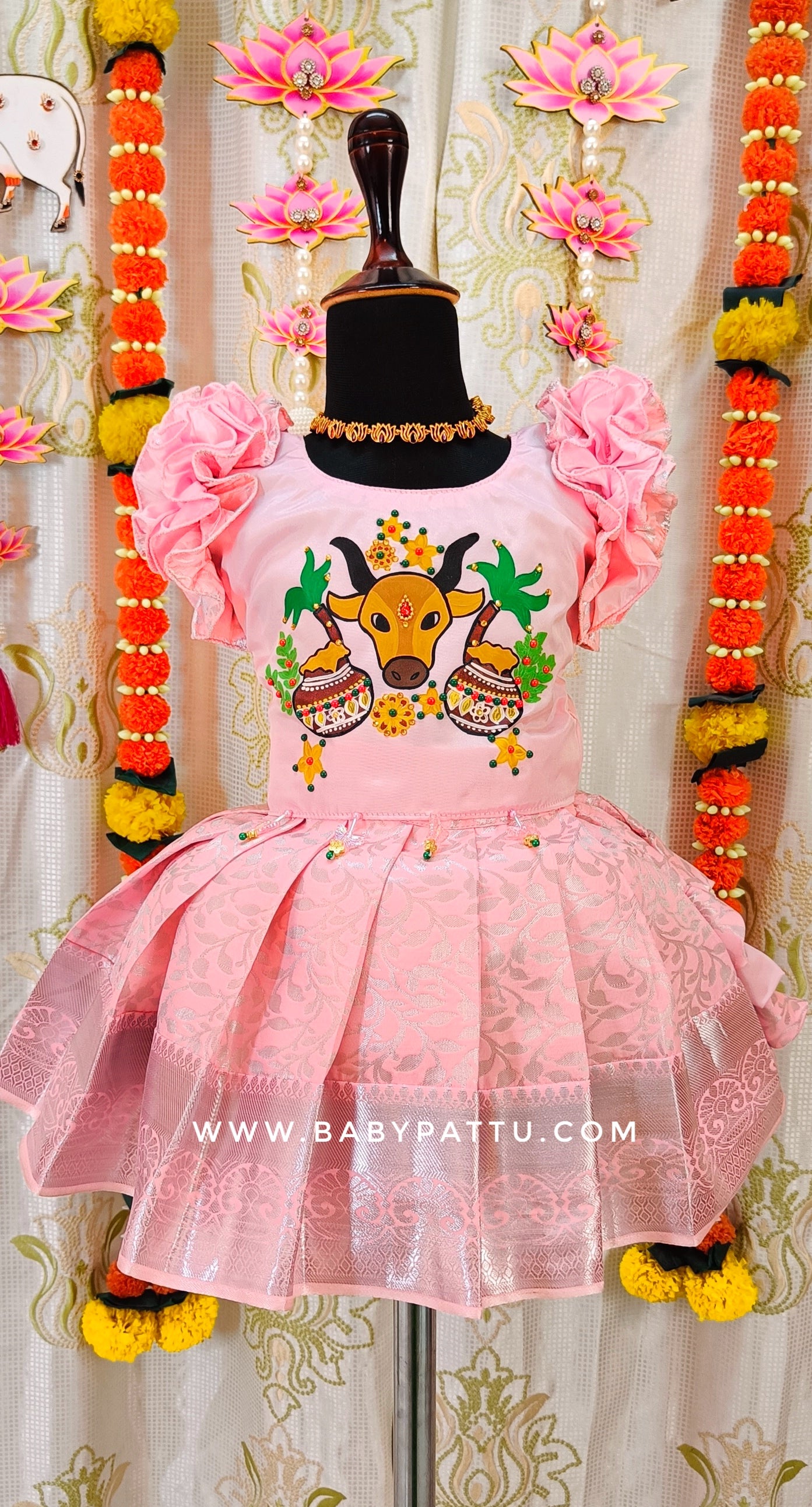 Pongal 2024 / Makara Sankranthi 2024 || Hand Painted BabyPink Top with BabyPink Pattu Pavada