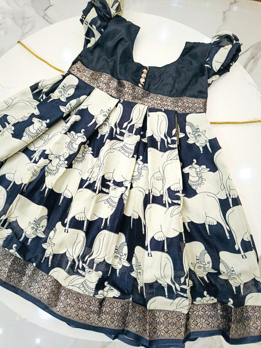 Pichwai Cow Print Black and White Dola Silk Light weight Frock