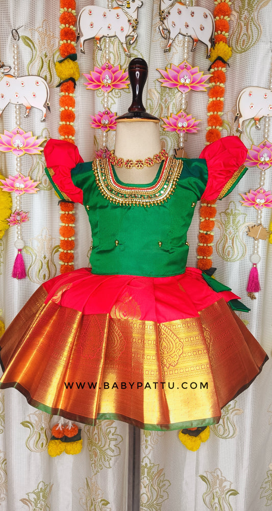 Green & Red Pattu Pavada