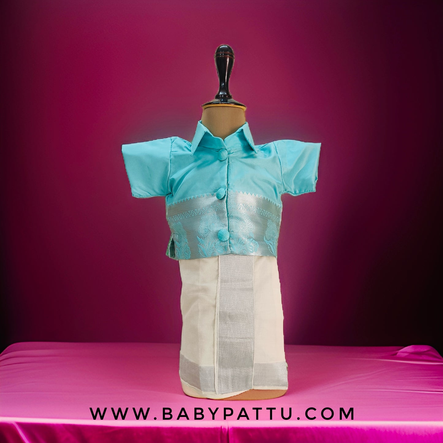 👶Soft Silk Sea Green Shirt and kasavu Cotton or Kerala Cotton Vesti 👶