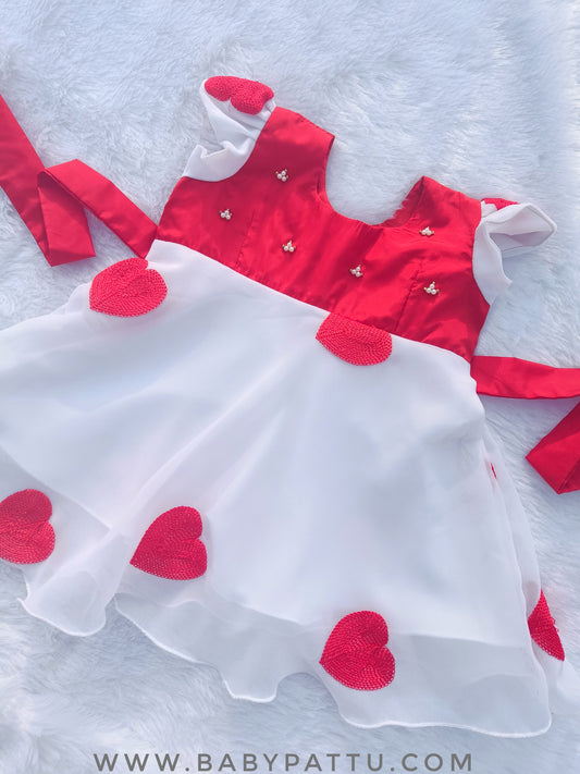 Red And White with Cute Heart Embroidery Frock